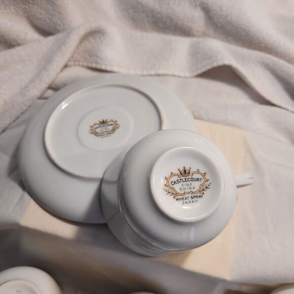 Castlecourt Fine China Wheat Spray Japan Cup & Saucer Set Of 4 Silver Trim - Picture 9 of 11